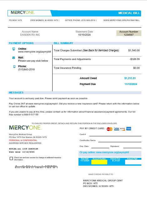 USA Iowa MercyOne medical business utility bill template in Word and PDF formats